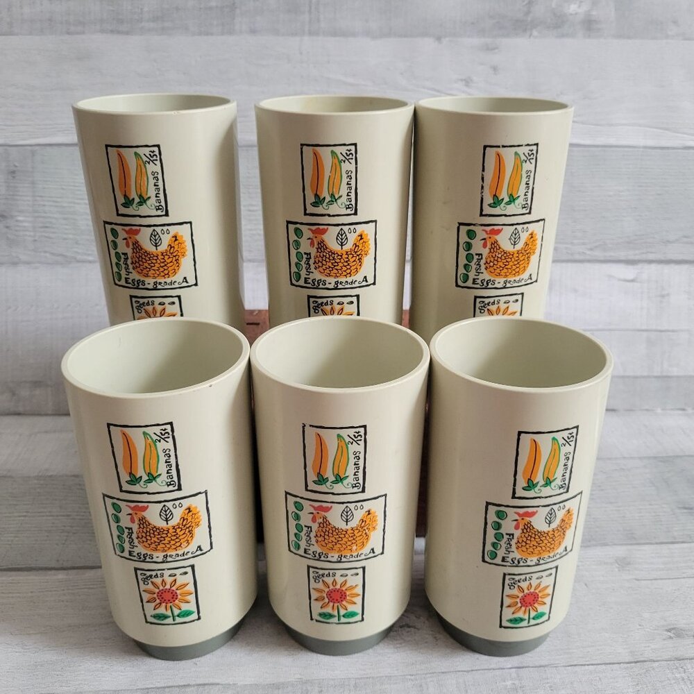 Vintage Loma 6-Piece Mid-Century Eggshell Plastic Tumblers Farmhouse Roosters